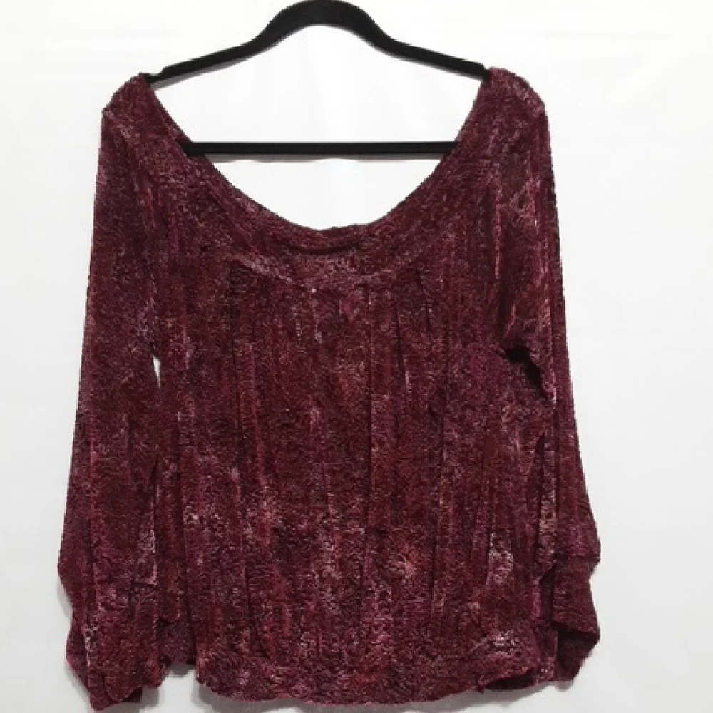 FREE‎ PEOPLE Burgundy Velvet Lace Layering Long Sleeve Burnout Top NWT